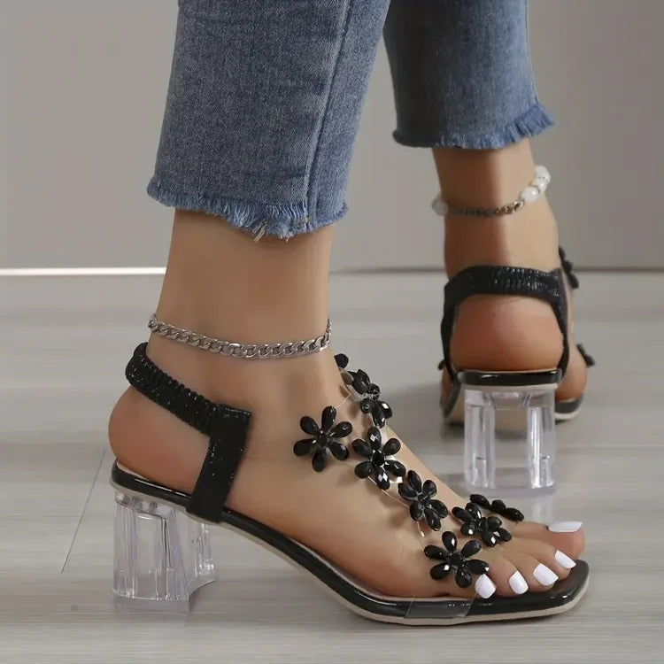 Camila | Sandalias de mujer con tacón de strass y flores