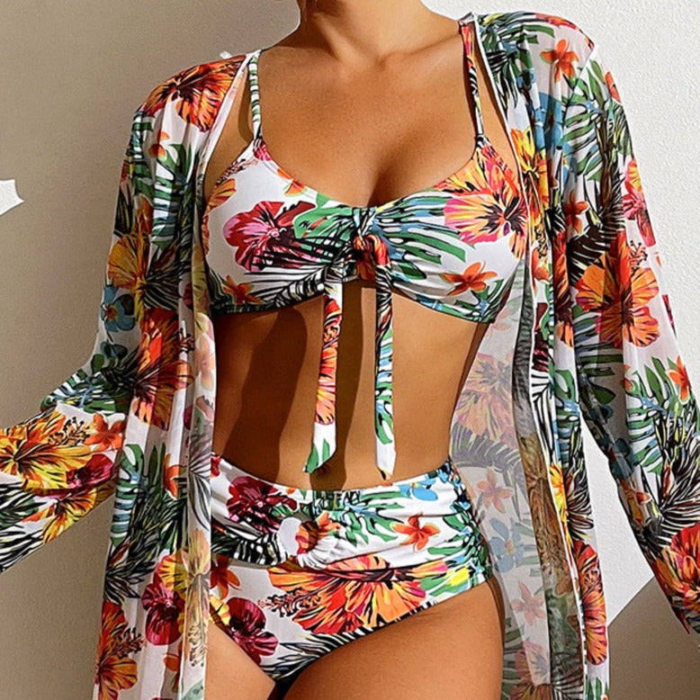 Avenela | Bikini De 3 Piezas Con Flores Y Bata