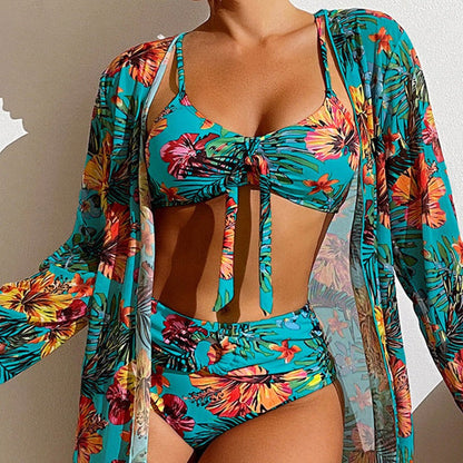 Avenela | Bikini De 3 Piezas Con Flores Y Bata