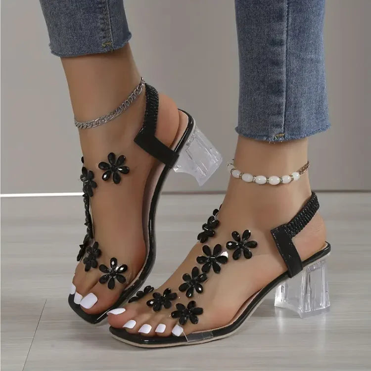 Camila | Sandalias de mujer con tacón de strass y flores