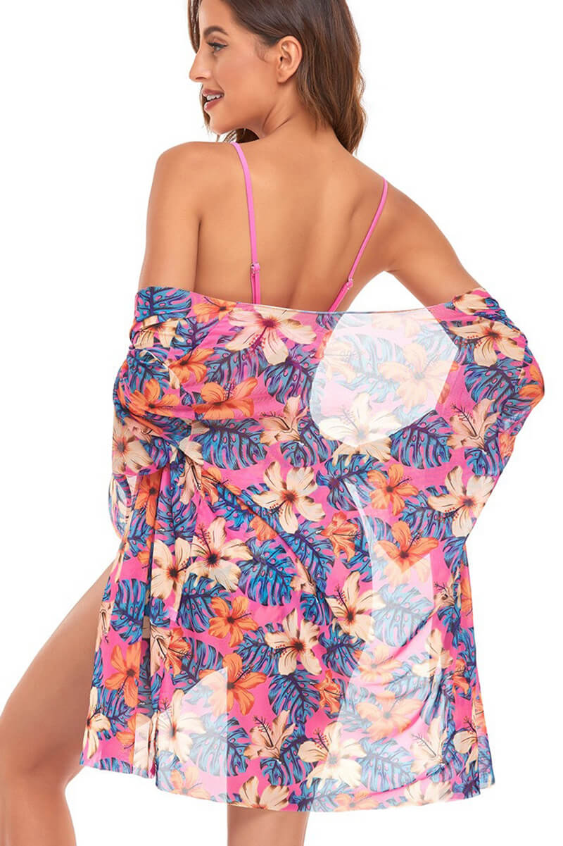 Barba | Conjunto  bikini  playa con blusa y flores rosas