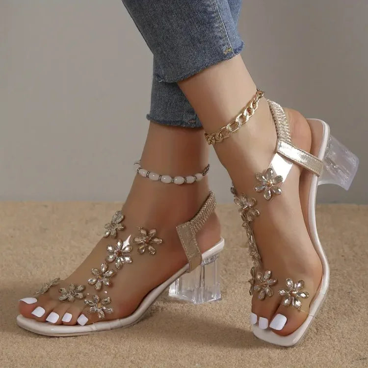 Camila | Sandalias de mujer con tacón de strass y flores